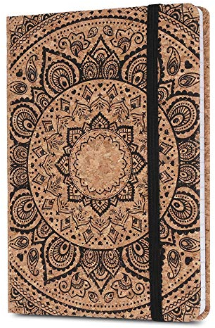 Navaris Kork Notizbuch liniert mit Gummiband - 18x13cm Hardcover Notebook Journal 100 Seiten - mit Bändchen und Fach im Einband - Indian Sun Design