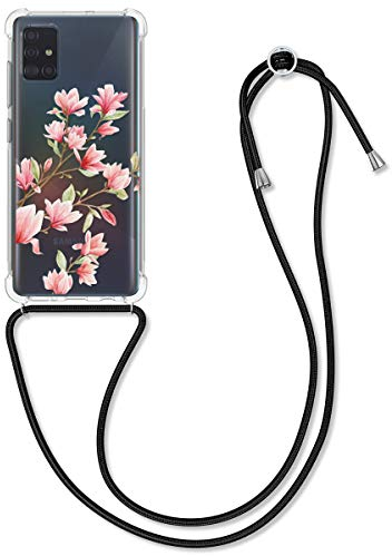 kwmobile Necklace Case kompatibel mit Samsung Galaxy A51 Hülle - Silikon Cover mit Handykette - Rosa Weiß Transparent Magnolien