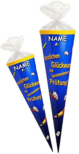alles-meine.de GmbH Schultüte - Herzlichen Glückwunsch zur bestandenen Prüfung - 50 cm - rund - incl. Name - Tüllabschluß - Zuckertüte - mit/ohne Kunststoff Spitze - Jungen Mäd..