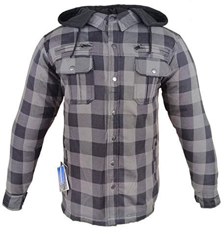 EURO STARS Motorrad Lumberjack Hemd Kev Aramid VOLL Innenfutter herausnehmbar mit Kapuze und Protektoren, Biker Flanell-Holzfällerhemd Reißfest, Winddicht, Wasserabweisend, Motorrad Hemd