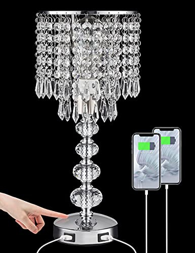 Acaxin Kristall-Tischlampen für Schlafzimmer, Nachttisch, Touch-Lampen mit zwei USB-Ladeanschlüssen, Glamour-Lampe, 3-Wege-Dimmbar, für Mädchen