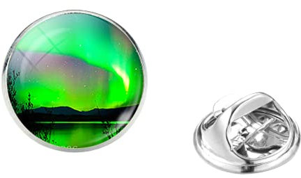 Hochwertige Brosche mit Nordlicht-Motiv, grüne Aurora-Borealis-Landschaft, Edelstahl, Glas, Brosche, Statement-Schmuck