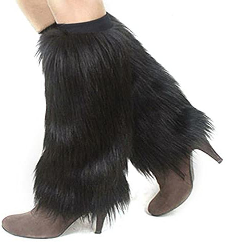 QIGEN LTD 40cm Ladies Fashion Boot Cuff Fluffy Soft Furry Faux Fur Leg Warmer Boot Toppers (Black)