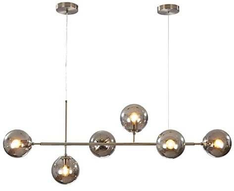 KCO Moderna lámpara colgante de techo de 6 luces, globos de cristal de mediados de siglo, lámpara colgante Sputnik, lámpara colgante ajustable para cocina, isla, sala de estar, comedor (plata + gris