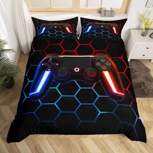 Homewish Boys Gamer Bedding Double Gaming Duvet Cover for Kids Youth, Modern Neon Light Game Console Bedding Set Soft, Geometry Honeycomb Hexagon Quilt Cover Microfibre, 2 Pillowcases, Black