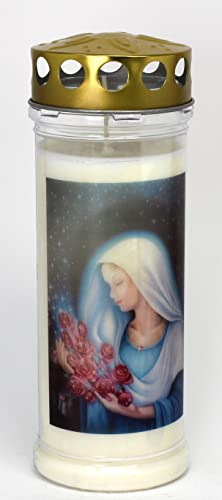 Kerzen Junglas - Grabkerze Madonna, Hl. Maria mit 7 Tagen Brenndauer, (3871), schöne Grablichter mit Spruch und Motiv, Grabkerzen mit Deckel, Grabschmuck wetterfest, Trauerkerzen mit Spruch