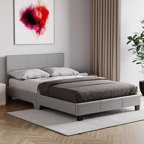Vida Designs Lisbon Small Double Bed Frame | Grey | 77 H x 125 W x 198 D cm | Faux Leather | Padded Headboard | Low Foot End | Space Saving | UKFR | Modern Bedroom Furniture