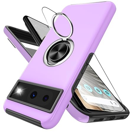 Pilaru For Google Pixel 8 Case with Screen Protector, Non-Slip ShockProof with Ring Kickstand,Tough Protective Silicone Case for Pixel 8,Purple