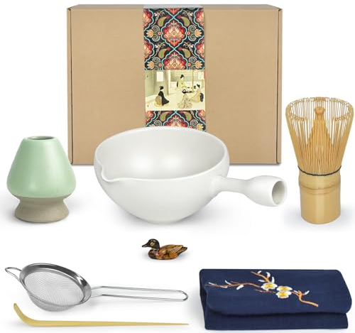 Artcome Kit de ceremonia de matcha para ceremonia de té japonesa, cuenco con boquilla de vertido y mango, batidor, cuchara de té, colador de polvo matcha, juego de té matcha para hacer Usucha, Koicha