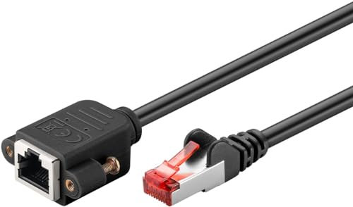 goobay 65637 Cable alargador CAT6 (CU) S/FTP (PiMF)/alargador CAT 6 para cable de red Ethernet/toma RJ45 a RJ45 con brida de montaje/250 MHz/1 m, negro