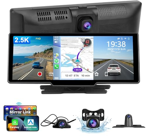 Hodozzy Tragbares Carplay Bildschirm mit 2,5K Dashcam 3 Kanal, 10,26 Zoll IPS Touchscreen Carplay & Android Auto Display Bluetooth mit Vorne Rückspiegel und Hinten Kamera Rückfahrkamera, FM/AUX