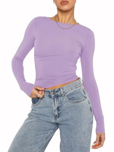 OYIGELZ Damen Langarmshirt Rundhals Slim Fit Y2K Oberteile Klassischer Basic Crop Tops Casual Streetwear t Shirt(HellLila-06,XXL)