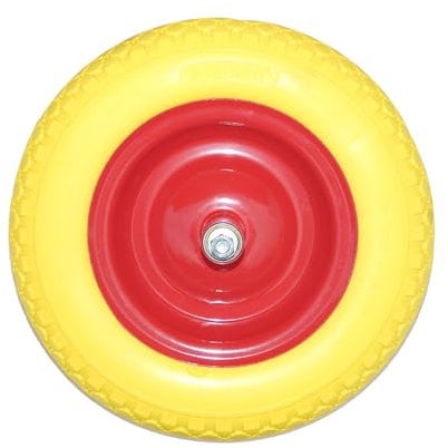 Ruota Carriola Piena Gialla - Ruota Carriola da Giardino 3.50-8 Antiforatura in PU, include Pneumatico e Asse, Ø 350 mm (Interasse 200 mm)