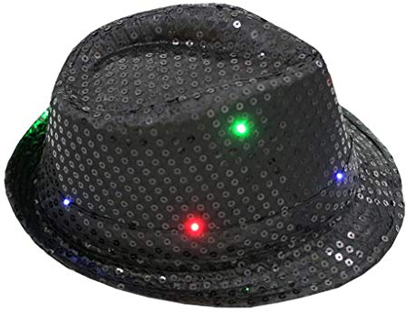 Led Hut Partyhut mit 9 blinkenden farbenfrohen LEDs mit Pailletten besetzt PanamahutSonnenhut Vintage Cowboy Hut Sonnenschutz Western Cowboyhüte Sun Hat Jazz Hut (Black, One Size)