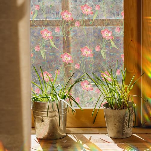 Runtoo Fensteraufkleber, Motiv: Regenbogen-Mohnblumen, 3D, dekorative Blumen-Fensteraufkleber, statisch, haftend, Nicht klebend, 40 x 101,6 cm