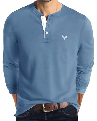 KUYIGO Men's Embroidered Henley Long Sleeve T-Shirt Casual Sports Knit Top M Blue