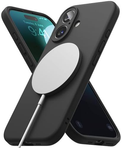 Ringke Silicone Magnetic [Compatible with MagSafe] for iPhone 16 Plus Case, Soft Feel Coating Anti-Scratch Slim Lightweight Protective Phone Cover for Magnetic Charger/Accessories - Black