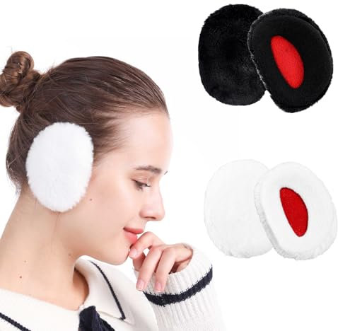 FOSDICK 2 Pair Ear Muffs, Winter Earmuffs Bandless, Soft and Comfortable Earmuff, Windproof Plush Ear Muff, Ear Warmer Winter, Ear Warmers for Men and Women Cold Weather Outdoor, Black and White