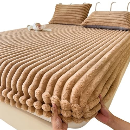 Fleece PlüSch Spannbettlaken King Queen Bettbezug Samt Matratzenbezug Weiches Studentenwohnheim Bettlaken Winter Warm Verdicktes Spannbettlaken Matratzenschoner PlüSch-Spannbettlaken(Brown,180x200cm-3