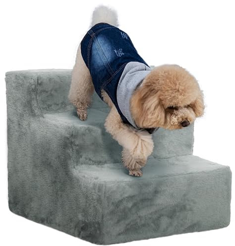 PawHut Hundetreppe 3-stufig, 35 cm Katzentreppe für Bett und Sofa, Haustiertreppe für Hunde und Katzen bis 5 kg, Plüschoptik, Hellgrau