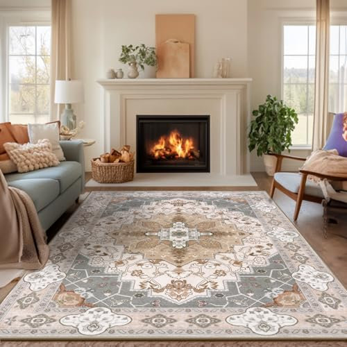 BSGIFT Teppich 120x160 Waschbarer Teppich Schlafzimmer Boho Kurzflor Vintage Wohnzimmerteppich Orientalischer Carpet rutschfest für Esszimmer Wohnzimmer, Aesthetic Teppiche Beige