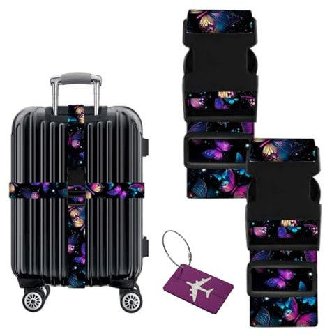LdawyDE Sangle Valise, 2 Pièces Sangle Valise Voyage avec Étiquette de Bagage, Motif Visible Violet pour la Fixation et l'identification des Bagages