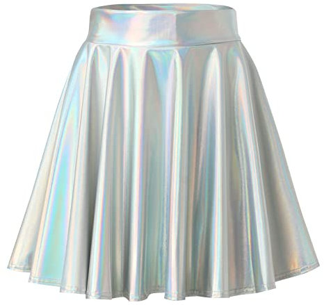 Rock Damen Kurze Metallischer Faltenrock Mini Skater Röcke Hohe Taille Plisseerock PU Lederrock Sexy A-Linie Rock Silber Metallic Y2K Tennisrock Tanzrock Karneval Kostüm Glitzer Party Clubwear
