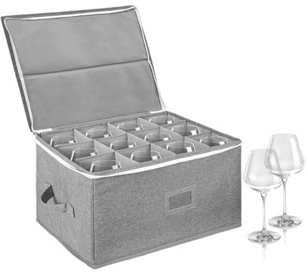 Wine Glass Storage Box with Dividers - Holds 12 Glasses, Hard Shell, Stackable, Label Window - Camping Wine Storage Box - Cocktail Glass Organizer