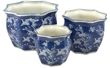 Galt International Pflanztopf mit Kranichen, rund, geriffelt, Porzellan, Keramik, 3er-Set (19,1 cm, 25,4 cm, 33 cm), chinesisches asiatisches Design