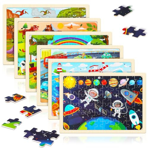GSrenyu 6 Packs Wooden Puzzles for Kids, 60 Piece Children’s Jigsaw Puzzles, Space, Animals, Ocean, Dino, Farm, Transportation Puzzle Toys for 3+ Year Old, Wood Jigsaw Toys Gifts for Boys Girls
