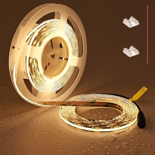 TOPAI 12V COB LED Streifen 5M Warmweiss IP65 Wasserdicht Schwarz PCB Dimmbar 480LED/M CRI>90 Sehr Hell 4000Lm Außen 3000K LED Strip Selbstklebend Flexible Schneidbar (Netzteil nicht enthalten)