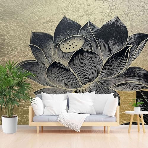 Orientalisches Lotusblumen Motiv Tapete Schlafzimmer 200 x 140 cm, Gold Fototapete Vliestapete, Wasserdichte Dekorative Wandaufkleber