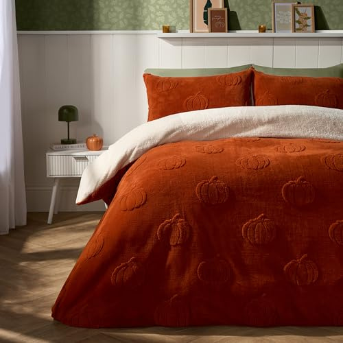 OHS Tufted Pumpkin Double Bedding Set, Super Soft Winter Warm Teddy Fleece Duvet Set Halloween Double Duvet Set Fluffy Cosy Teddy Bear Bedding with Pillowcases, Burnt Orange