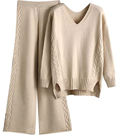Strick-Set für Damen, zweiteilig, elegant, Übergröße, Sportbekleidung, Mode, lockere Jumper, V-Ausschnitt, Strickhose, lockeres Pullover, lässig, Sportanzüge, Winter, Herbst