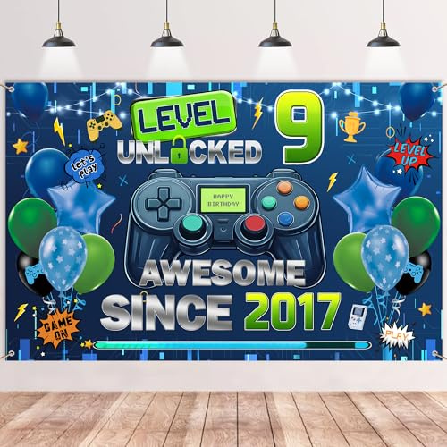 Game 9th Birthday Decorations Banner - Large Blue Gaming Backdrop Banner Decoration for Boys (110x180cm), Level 9 Unlocked Awesome Since 2017 Birthday Background for 9 Years Old Party Supplies