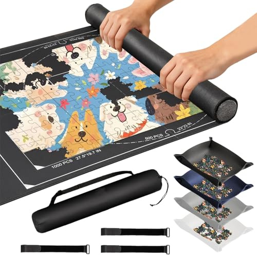 Puzzlematte, Puzzelmatten für Puzzle bis 1500, Puzzleteppich, Jigsaw Mat, Rutschfeste Puzzle Matte mit Sortierfächern und Aufbewahrungstasche, Praktisches Zubehör zur Aufbewahrung von Puzzles