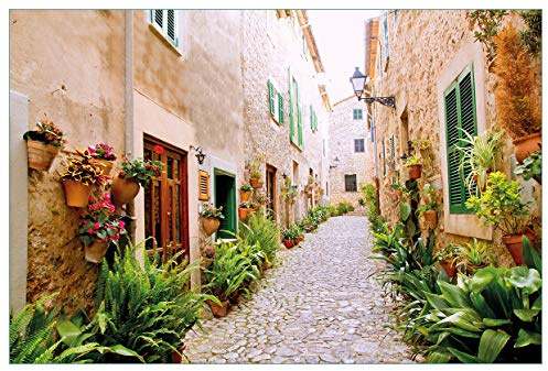 Wallario Küchenrückwand selbstklebend 90 x 60 cm, Motiv: Südländische Gasse mit Alten Häusern und grüner Oase | Spritzschutz abwischbar & pflegeleicht
