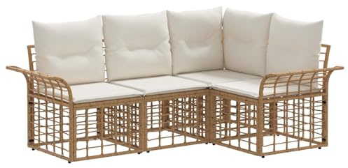 vidaXL Outdoor-Sofagarnitur 4 pcs Natürlich und Cremweiß Polyester, Modernes, wetterfestes, modulares Outdoor-Sofa-Set, verstellbare Füße, Bequeme Gartenmöbel
