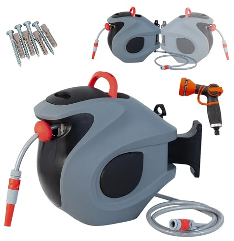 Jaxilyn Schlauchbox RollUp 30 m – 180° Schwenkbare Schlauchtrommel, Flexible Bewässerung für Große Gärten, inkl. Wandhalterung, 30 m Gartenschlauch und Ergonomischer Spritze (Graulbau)