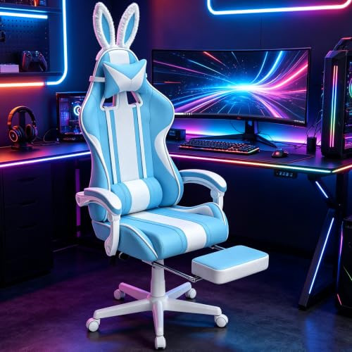 Verdego Chaise Gaming Ergonomique Massage, Fauteuil Gaming Simili Cuir | Oreilles de Lapin, Chaise Gamer avec Repose Pieds Télescopique, Dossier Inclinable à 135°, Hauteur Réglable 113kg (Bleublanc)