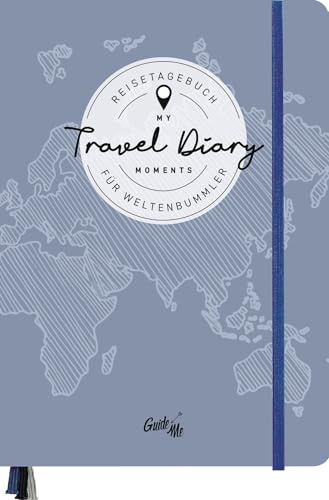 GuideMe Reisetagebuch Travel Diary „Welt“: Tagebuch zum Ausfüllen mit freien Seiten, Sammeltasche, Stickerbogen & 3 Lesebändchen