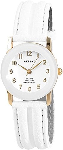 Akzent Damen-Uhr Kunstleder Dornschließe Analog Quarz 1900273 (Weiss/Weiss)