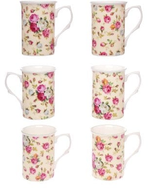 (Item 2H) Kirsty Jayne China- 10Fl oz Bone China Cream Rose Chintz Beakers, Mugs, Cups- Packed in a Kirsty Jayne China Gift Boxed (Set of 6)