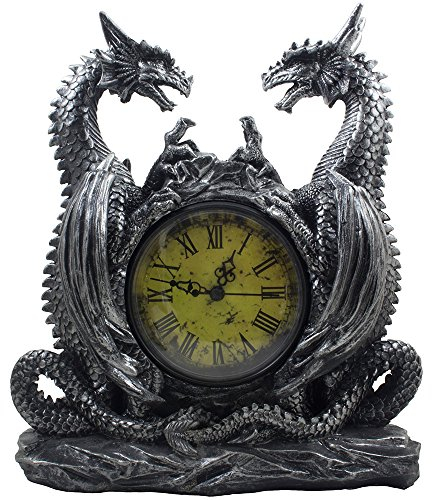Mythische Drachen Duo Schreibtisch Uhr in Metallic-Look und Antik Gesicht mit römischen Ziffern für Desktop, Regal & Mantel Gothic Mittelalter Decor oder Dekorative Büro Geschenke
