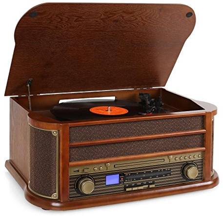 Auna Tocadiscos de Vinilo Vintage, Incluye Altavoces con Sistema Estéreo para Musica, Tocadiscos de Vinilo, Reproductor Vinilo Retro, USB, CD, Sistema de Sonido, Giradiscos Portátil para Casa