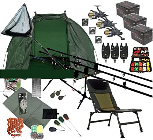 Mega Full Carp Fishing Set Up Chair Rods, Reels, Alarms,Net,Handle,Bait Bivvy Shelter Tackle,Mat,Scales,Hooks P15