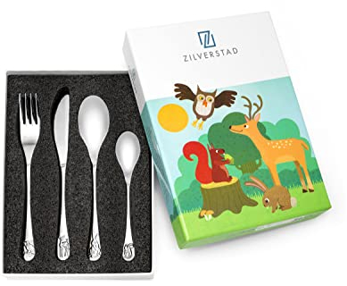 Brillibrum Design Kinderbesteck 4-teilig Silber aus Edelstahl Namens-Gravur mit Bärchen Tier-Motiv Taufgeschenk für Kleinkinder Inkl. Gravur (Gravur bis 10 Zeichen, Waldtiere)