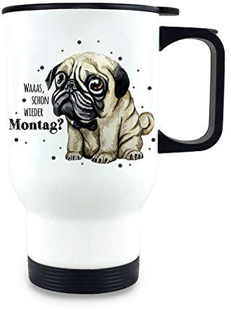 ilka parey wandtattoo-welt Thermobecher Isolierbecher bedruckt mit traurigen Mops Hund & Spruch Waaas wieder Montag Kaffeebecher Geschenk tb199