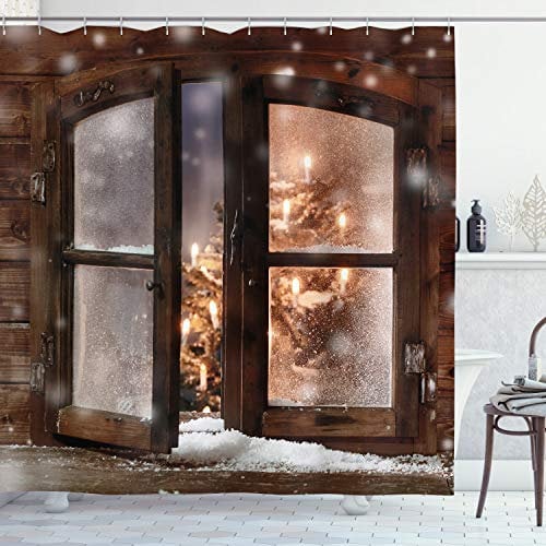 ABAKUHAUS Winter Duschvorhang, Weihnachtsbaum in der Kabine, Stoffliches Gewebe Badezimmerdekorationsset mit Haken, 175 x 200 cm, Braun weiß