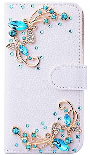 Awenroy Glitzer Hülle für iPhone 6 Plus / 6S Plus Strass Bling Handy Tasche Flip PU Leder Wallet Handyhülle Kartenfach Aufstellfunktion Magnetverschluss mit Stand Funktion - Weiß